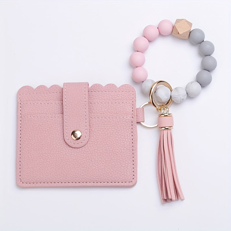 Leopard Print Tassel Wallet Keychain Silicone Beaded Bracelet