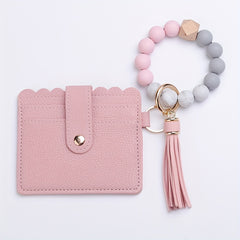 Leopard Print Tassel Wallet Keychain Silicone Beaded Bracelet