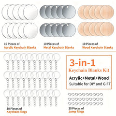 90PCS Sublimation Blanks Kit Keychain Stainless Steel Metal Blank Wood Blank Acr
