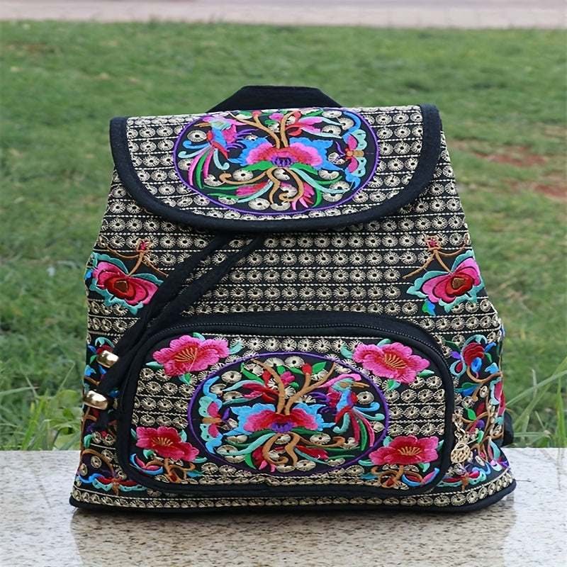 Flower Embroidered Backpack Ethnic Style Daypack Drawstring Bag