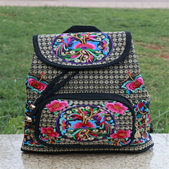 Flower Embroidered Backpack Ethnic Style Daypack Drawstring Bag
