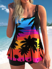  Tropical Print Tankini Set Scoop Neck Cami Top & Shorts Swimsuit