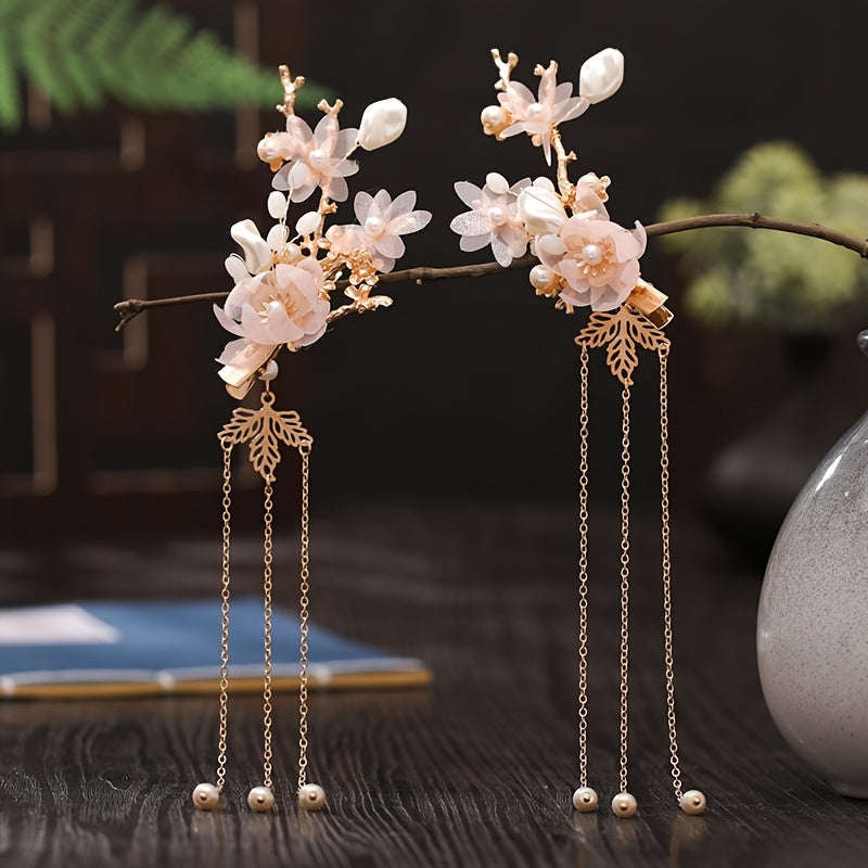 Chinese Style Hanfu Hairclip Faux Pearl Flower Tassel Hairpin