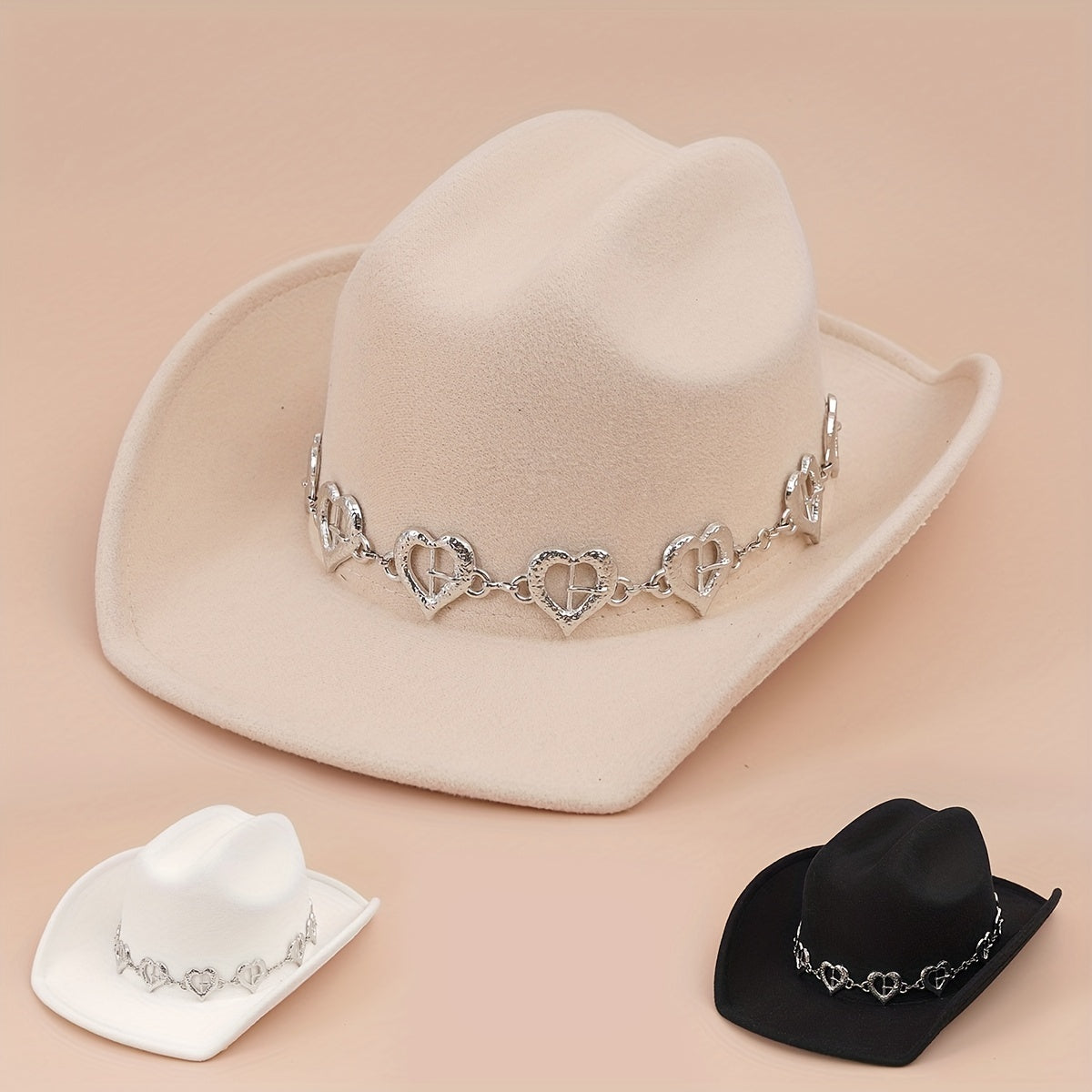 Silvery Oval Heart Stone Iron Chain Decor Cowboy Hat