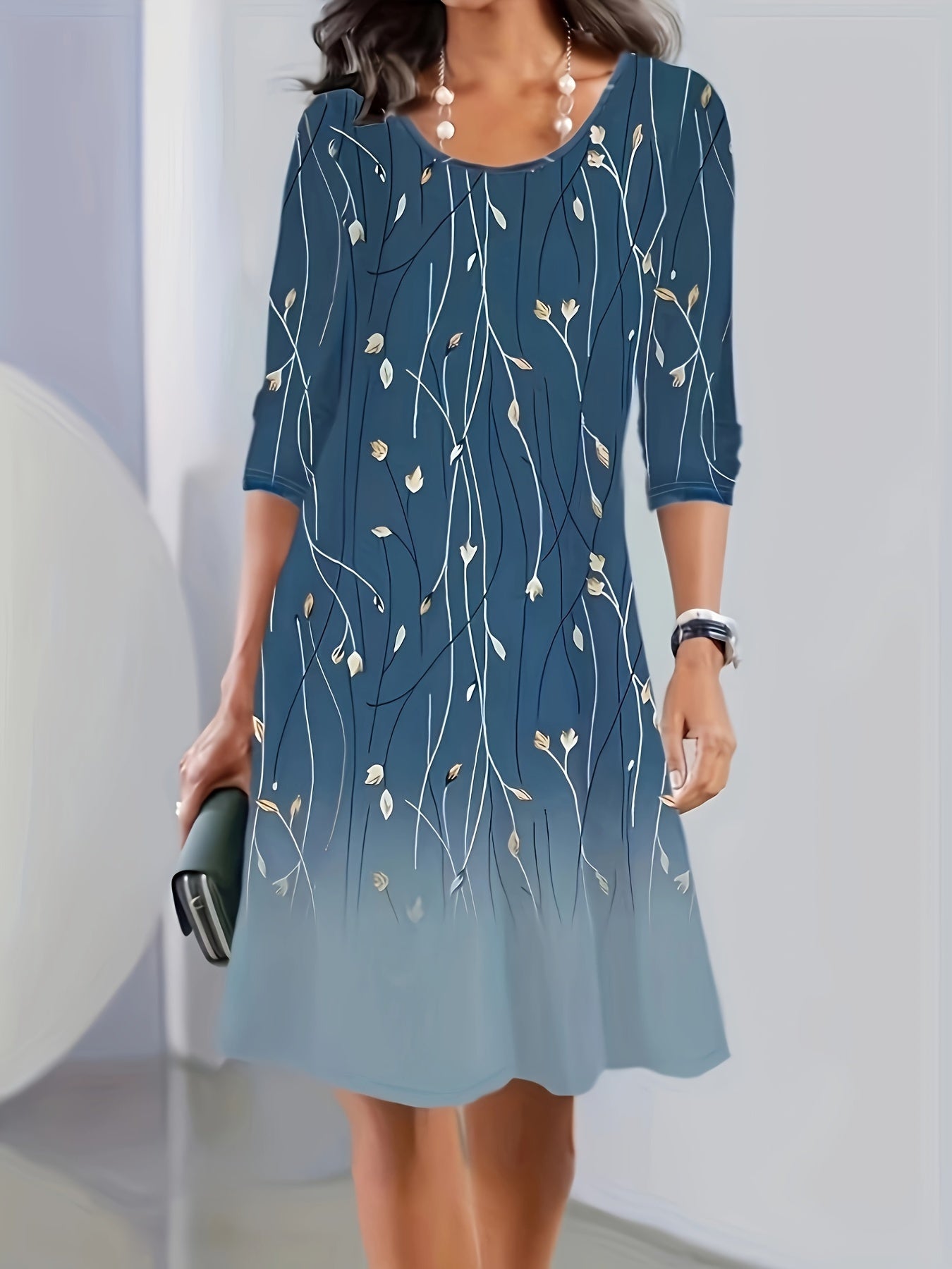  Ombre Long Sleeve Round Neck Midi Dress