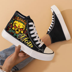Skull Print Lightweight High Top Canvas Sneakers