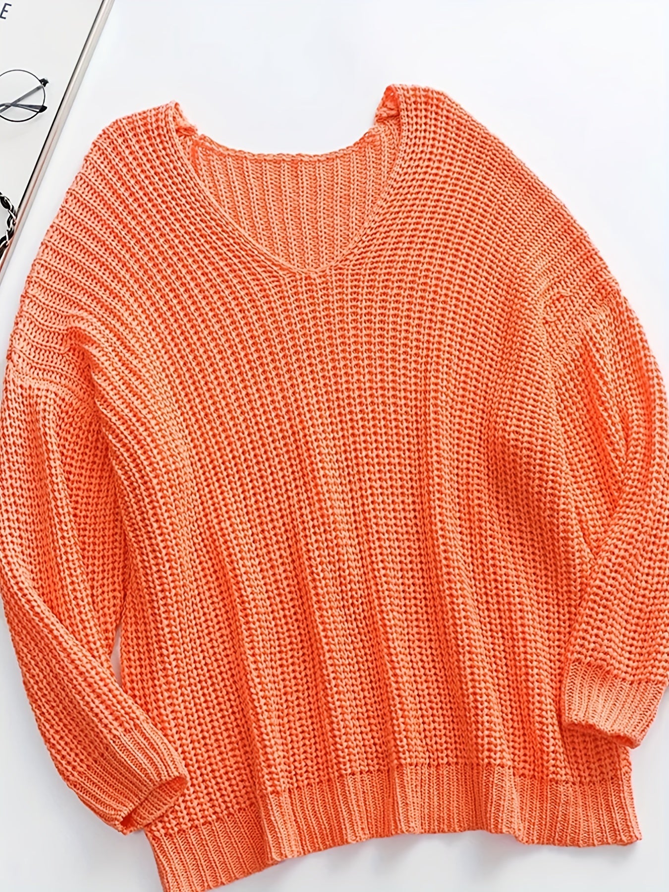  Casual Sweater Women's Plus Solid Bat Sleeve V Neck