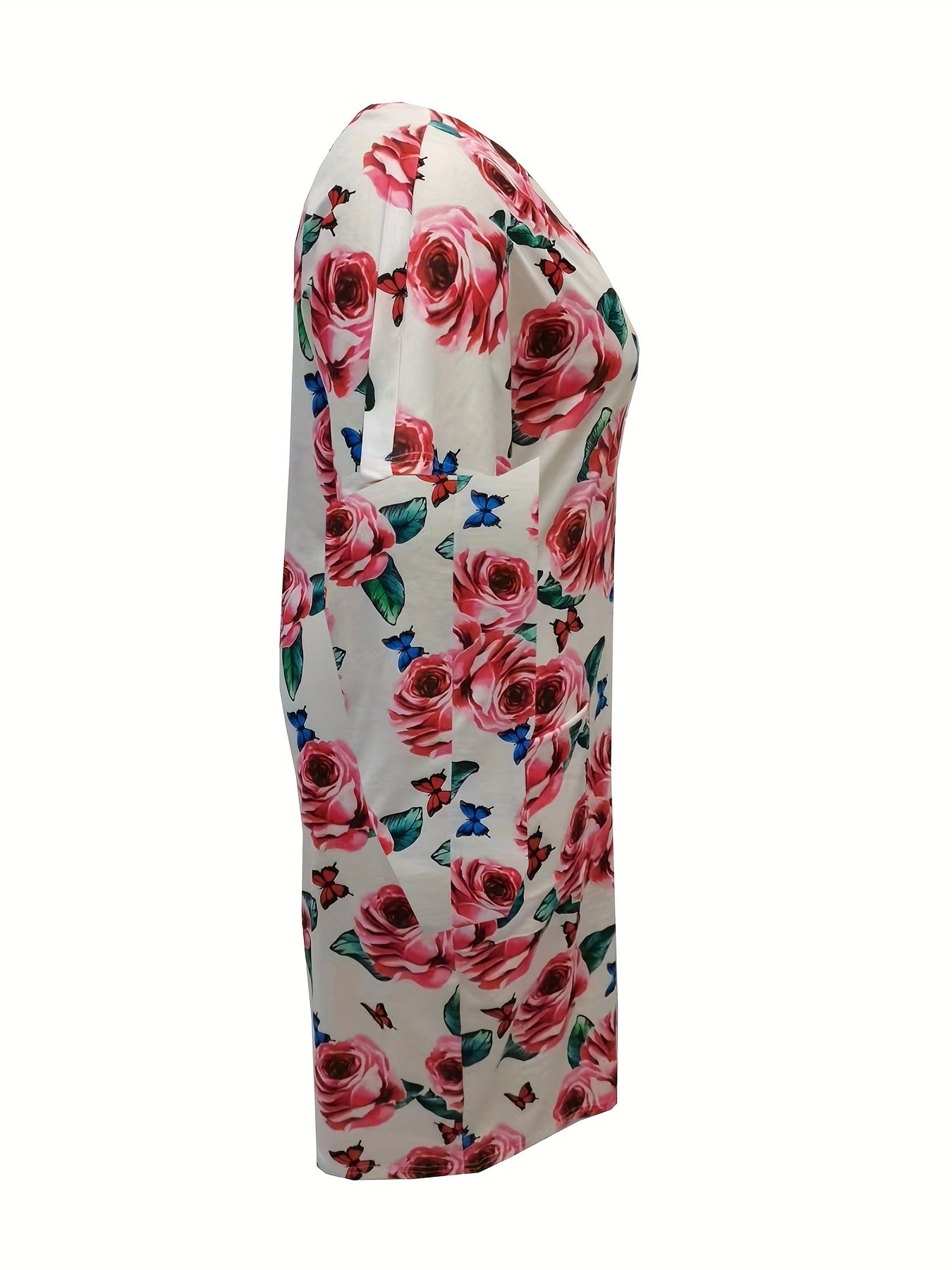 Plus Floral Print Short Sleeve V Neck High Stretch Dress With Pockets