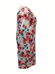 Plus Floral Print Short Sleeve V Neck High Stretch Dress With Pockets