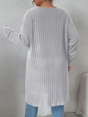  Solid Ribbed Open Front Cardigan With Pockets