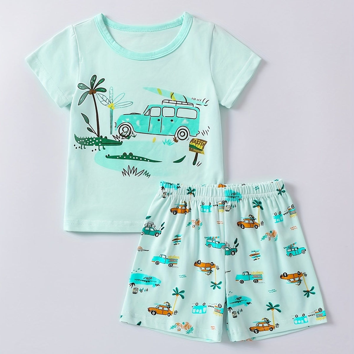 Kids Cartoon Vacation Outfit Set - Short Sleeve T-shirt & Casual Shorts