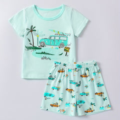 Kids Cartoon Vacation Outfit Set - Short Sleeve T-shirt & Casual Shorts
