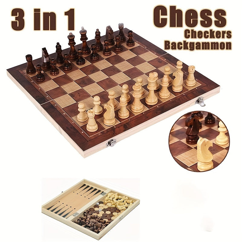 3 in 1 Chess Checkers Backgammon Set Wooden Classic Chess Pieces Board Case