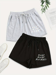 2 Pack Plus Size Casual Shorts Women's Plus Letter & Dot Print Drawstring Shorts