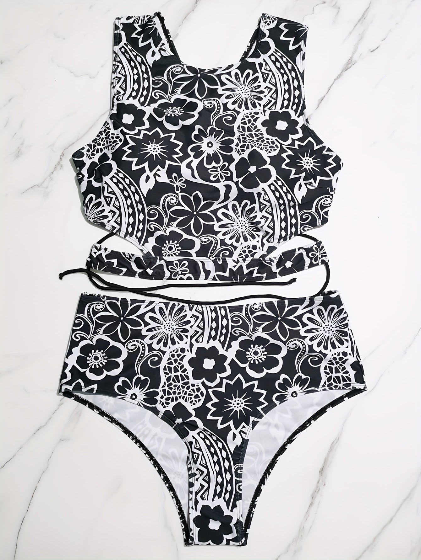  Floral Print Lace Up Back Tankini Set
