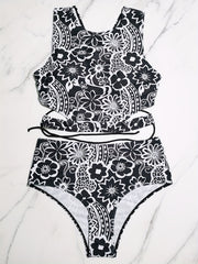  Floral Print Lace Up Back Tankini Set