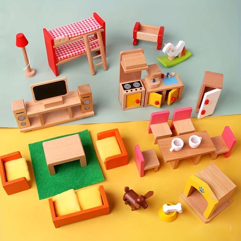 Wooden Dollhouse Family Room Toy Set for Kids