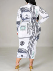Women's Plus Size Casual Dollar Print Long Sleeve Dress