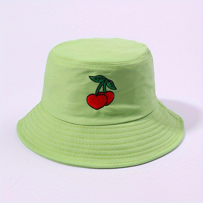 Cherry Embroidery Bucket Hat Casual Sunscreen Fisherman Cap