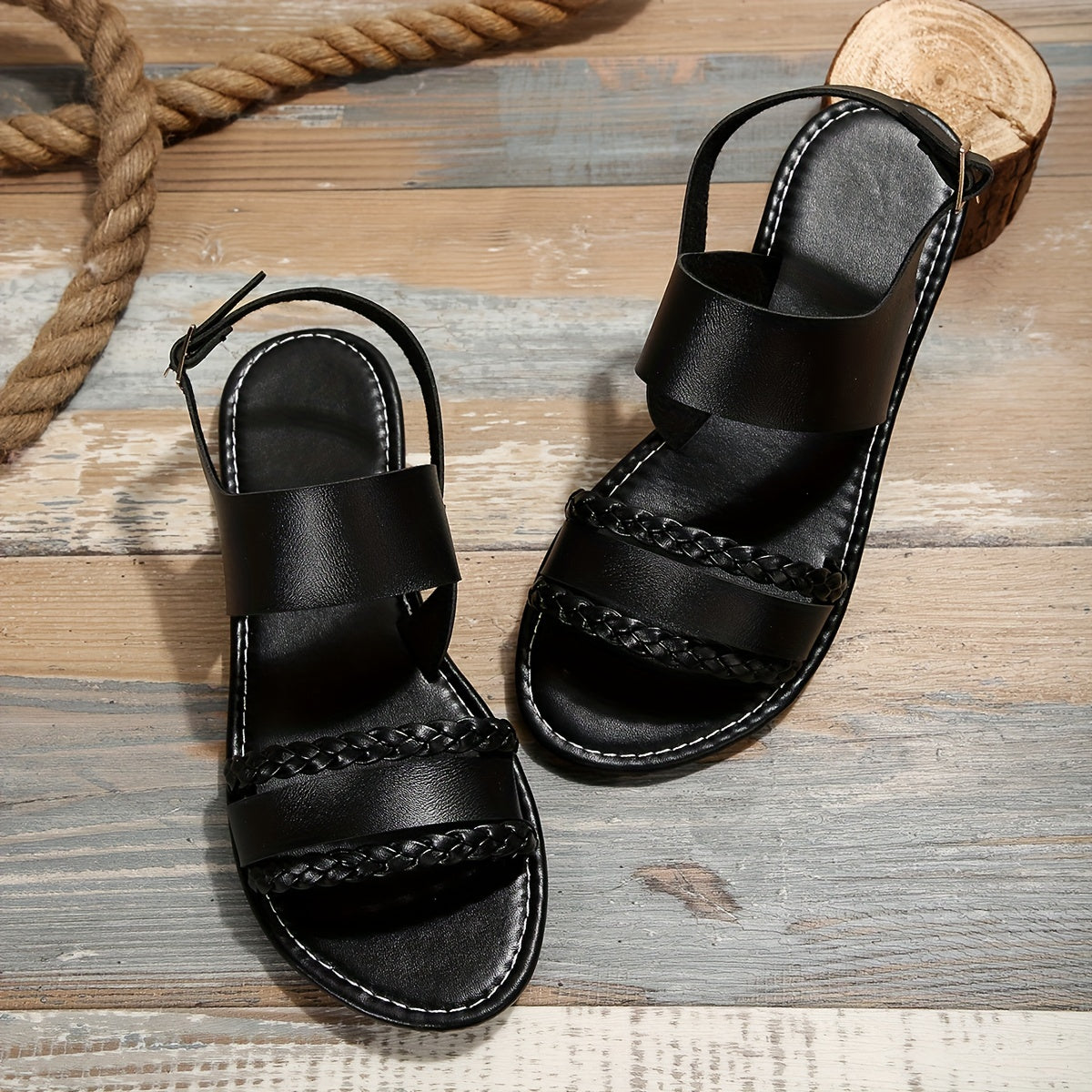 Women's Braided Band Flat Sandals Ankle Strap Open Toe Beach Shoes