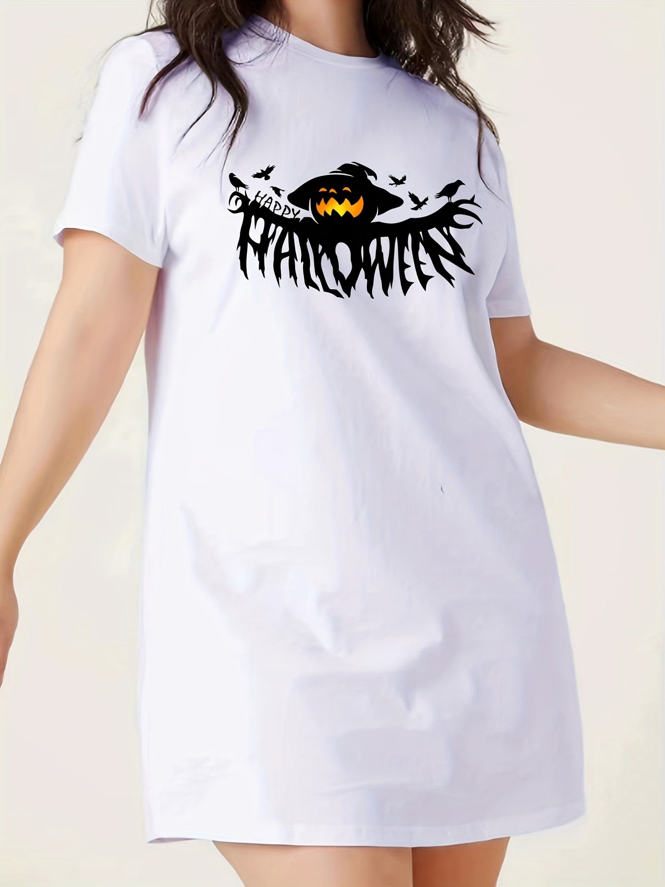  Halloween Nightdress Women's Witch Hat Pumpkin Print Tee Dress
