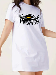 Halloween Nightdress Women's Witch Hat Pumpkin Print Tee Dress
