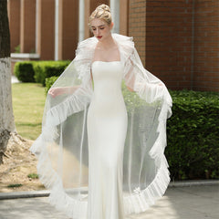 Sheer Ruffled Mesh Bridal Veil with Face Veil Long Flowing Wedding Veil