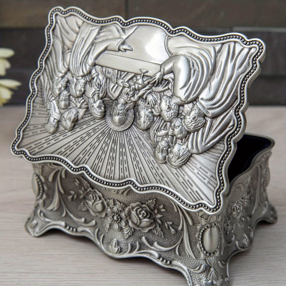Vintage Jewelry Box Antique Silvery Trinket Box Rectangular Treasure Chest