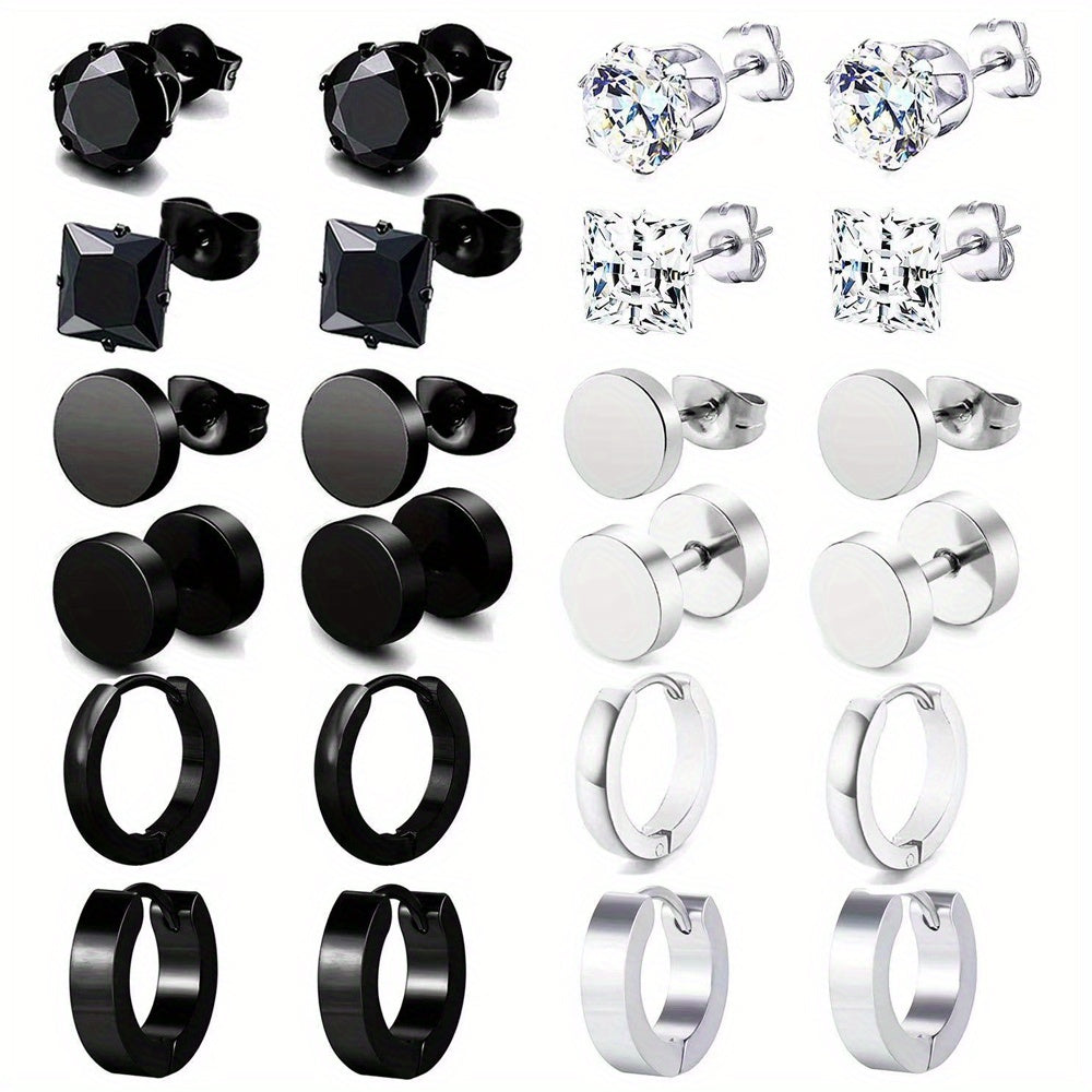 12pairs Steel Ear Studs Unisex Earrings Men Women