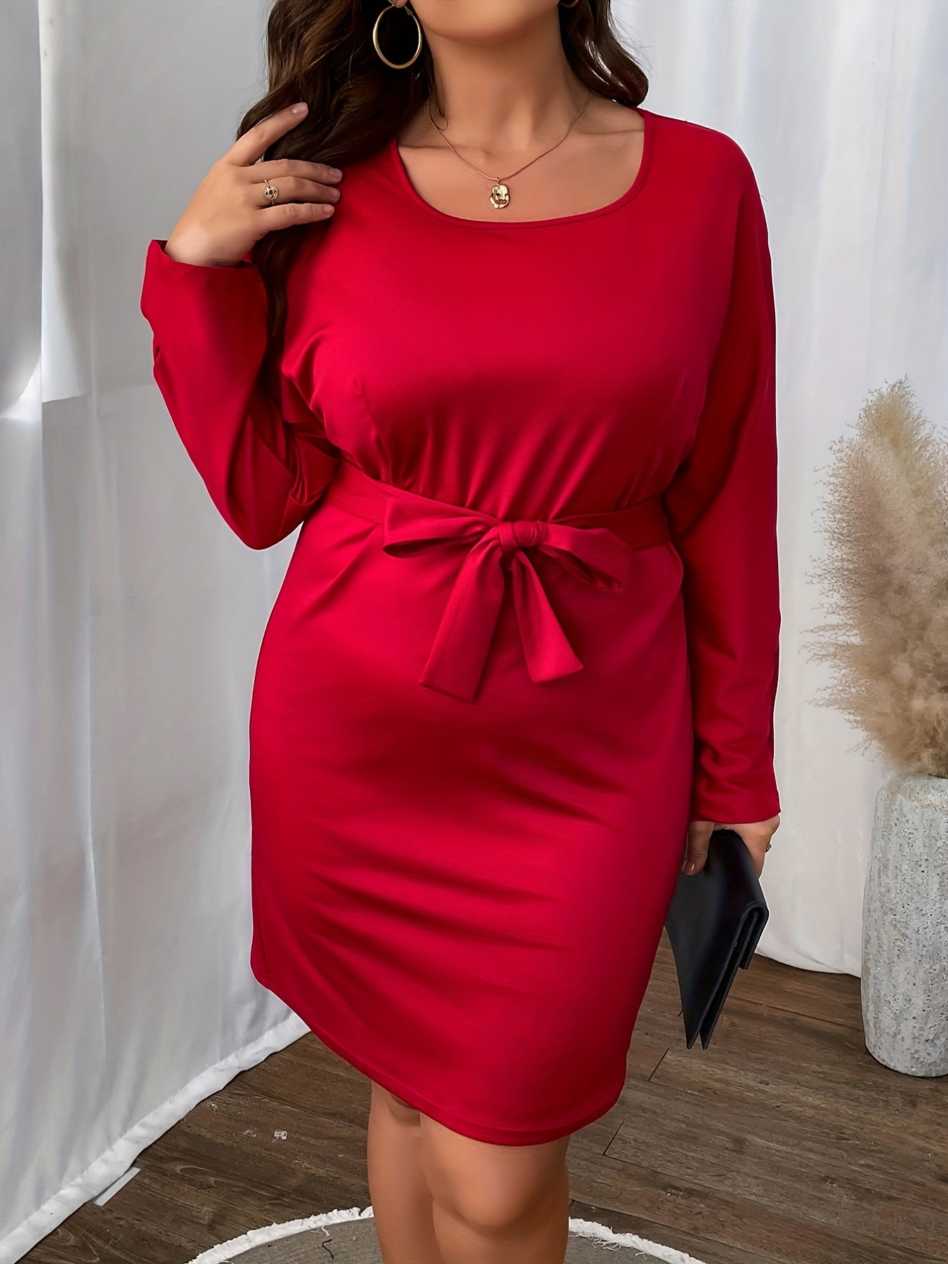 Solid Long Sleeve Round Neck Stretch Mini Belted Dress