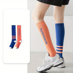 Letter & Stripe Print Calf Socks Colorblock Knee High Socks
