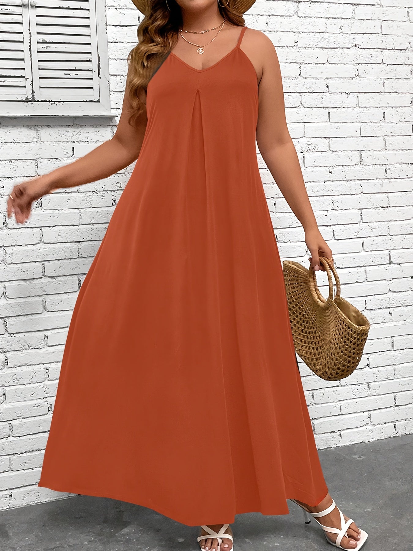  Solid V Neck Maxi Cami Dress