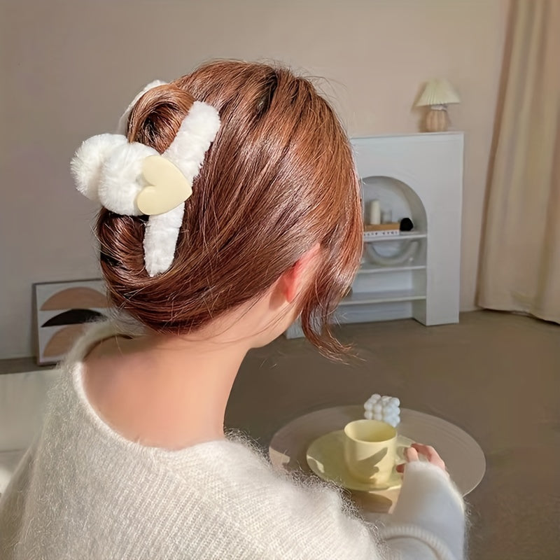 Heart Decor Fluffy Hair Claw Non Slip Hair Styling Accessory