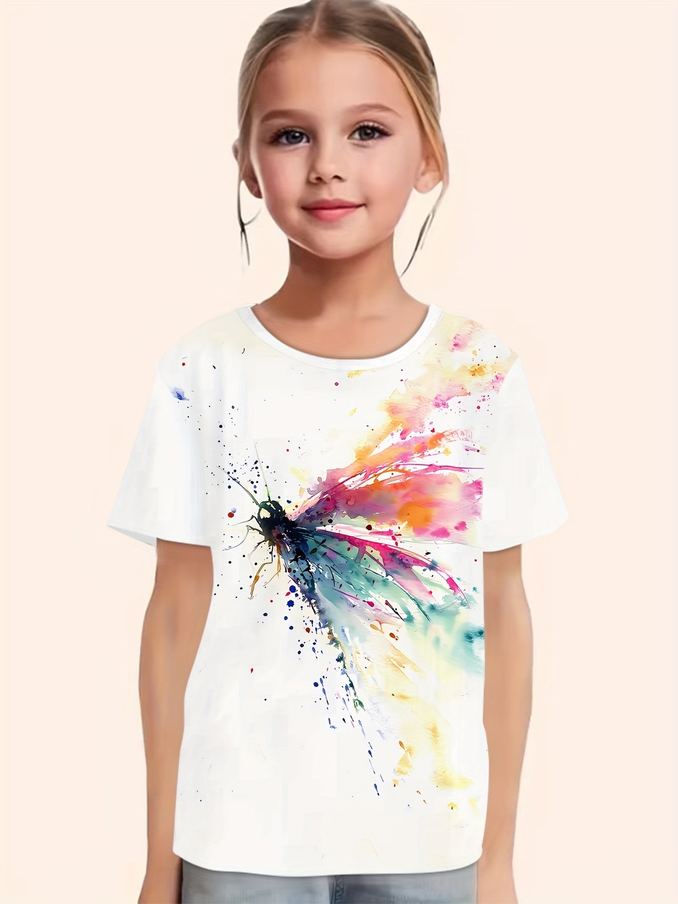Girls Tie Dye Dragonfly Print Short Sleeve T shirt Comfy Tees Pullover