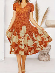 Floral Short Sleeve A-line Maxi Dress Plus Size V-Neck