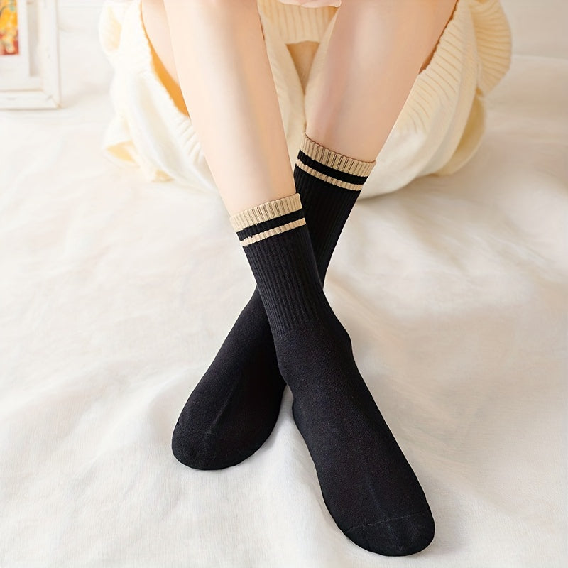 6 Pairs Striped Crew Socks Breathable All-match Women's Stockings & Hosiery