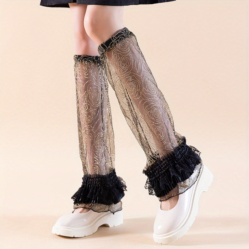 Sheer Ruffle Knee High Socks Lace Mesh Leg Warmers