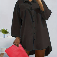  Solid Button Up Long Sleeve Collar Mini Shirt Dress