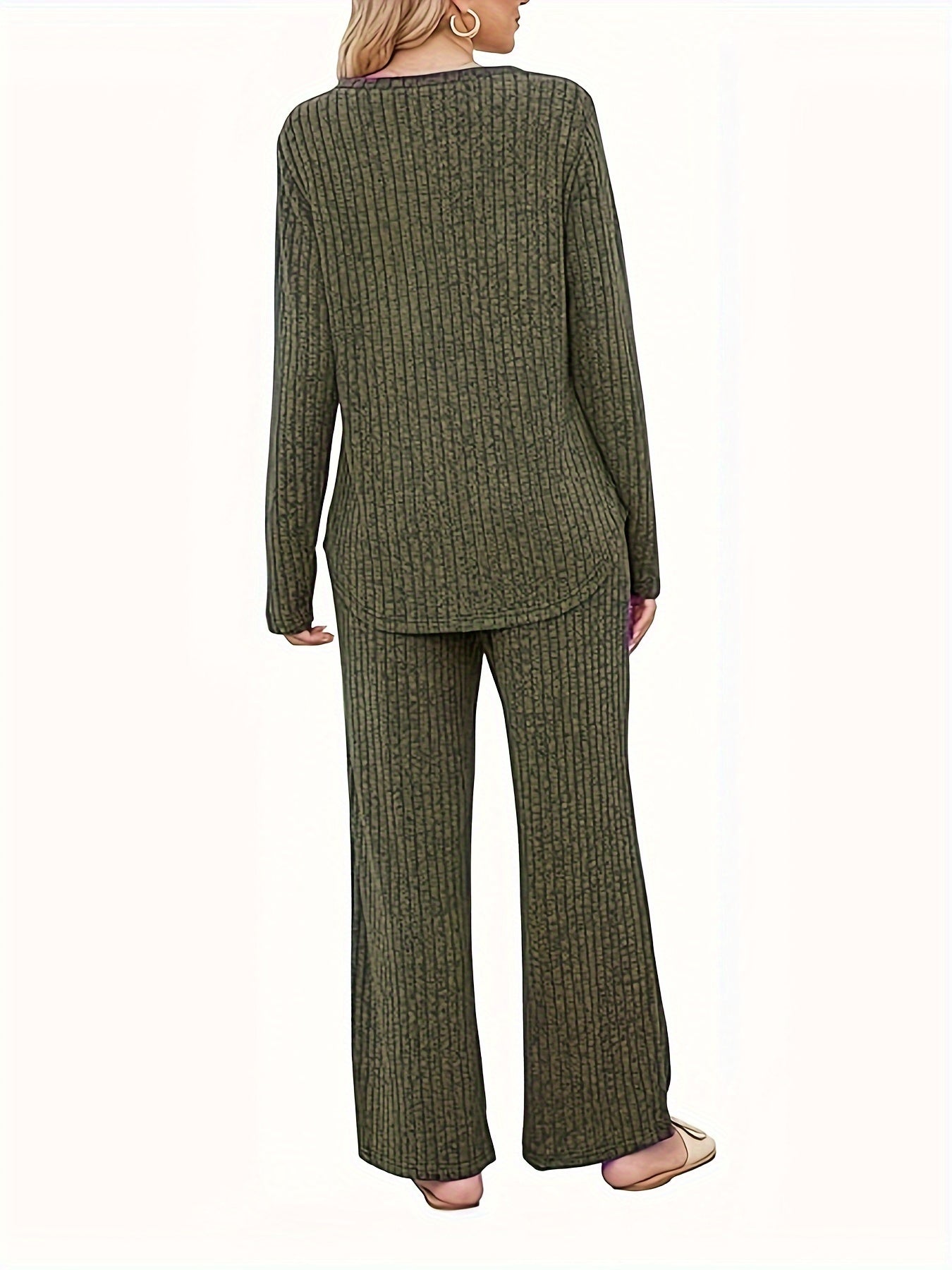  Ribbed Knit Top & Pants Outfit Set Long Sleeve Round Neck Pocket