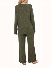  Ribbed Knit Top & Pants Outfit Set Long Sleeve Round Neck Pocket