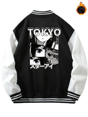 Anime Portrait Embroidery Varsity Jacket Men's Casual Block Button Up