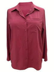  Solid Button Up Long Sleeve Blouse