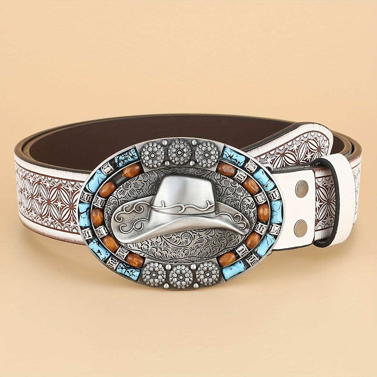 Western Cowboy Vintage Belt Embossed Leather Belt Bohemian Style Hat Buckle