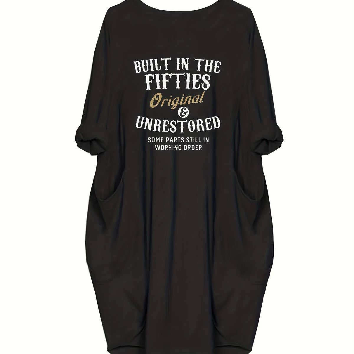  Slogan Print Long Sleeve Round Neck Loose Fit Casual Dress