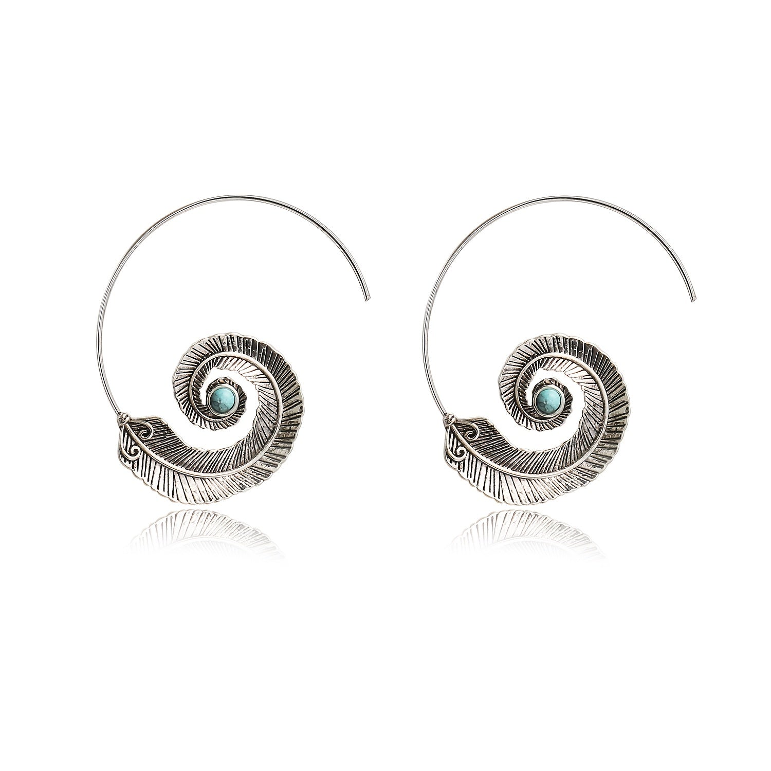 Vintage Geometric Spiral Feather Earrings Engraved Boho Style Dangle Earrings