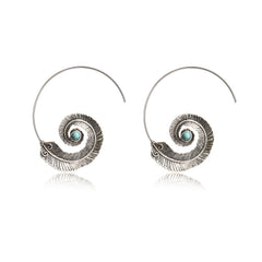 Vintage Geometric Spiral Feather Earrings Engraved Boho Style Dangle Earrings