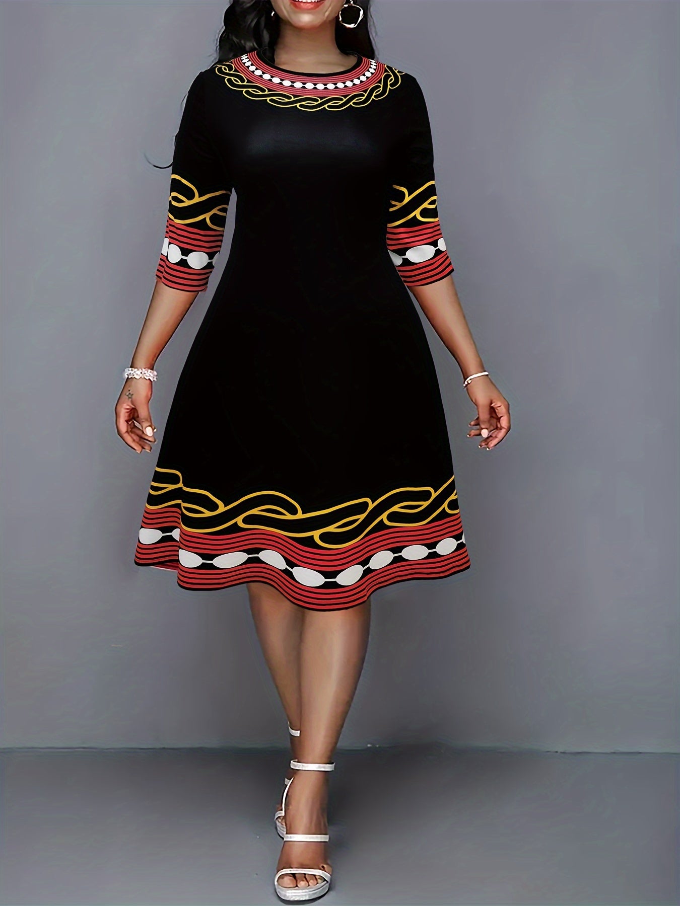  Casual Dress Women's Plus Stripe & Geometric Print Half Sleeve