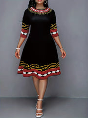  Casual Dress Women's Plus Stripe & Geometric Print Half Sleeve