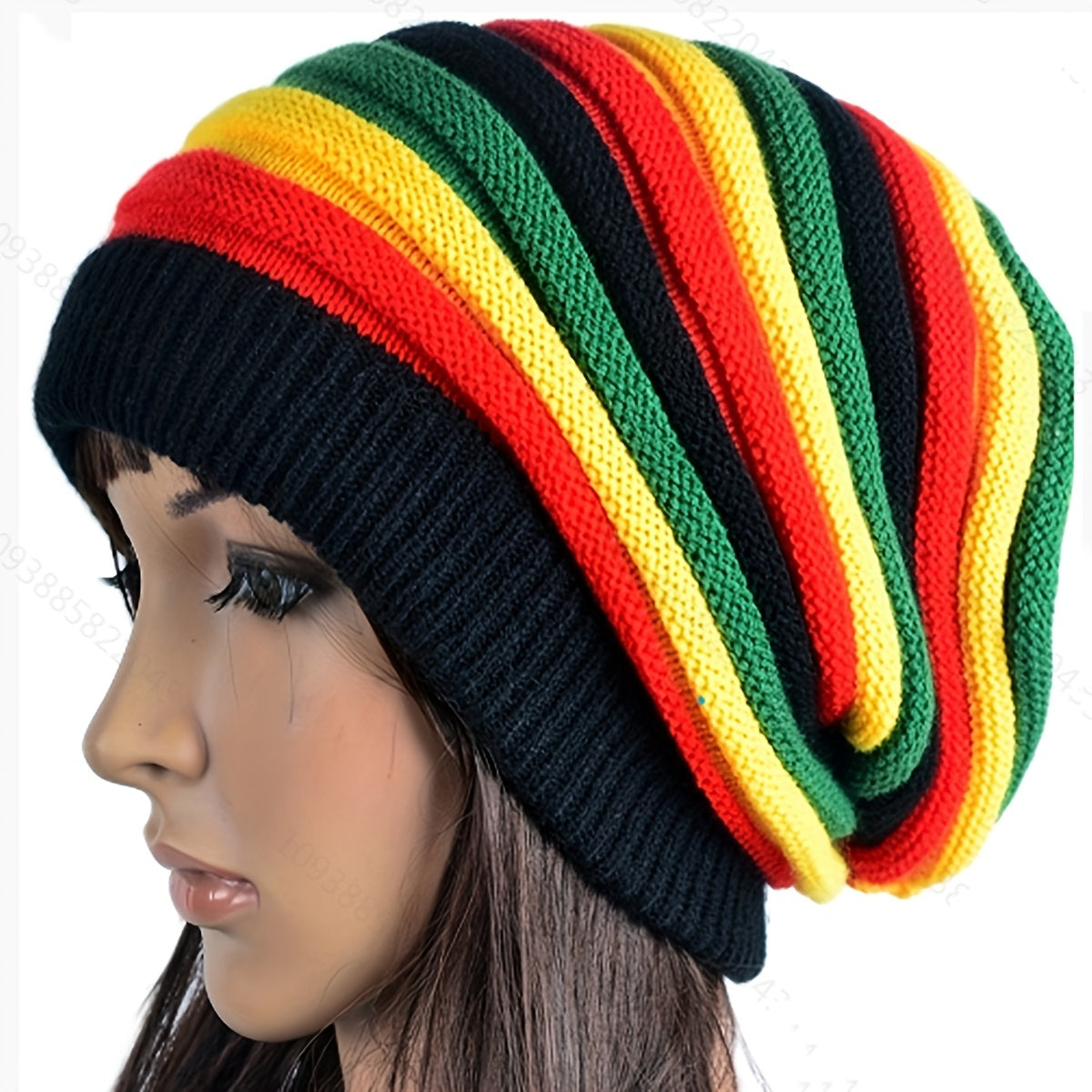 Multicolour Knit Beanie Rainbow Striped Oversize Baggy Hat Slouch Cap