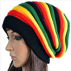 Multicolour Knit Beanie Rainbow Striped Oversize Baggy Hat Slouch Cap